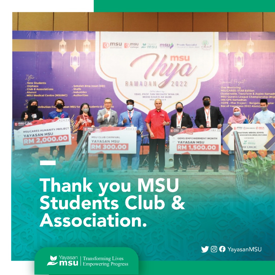 YayasanMSU's tweet photo. Utmost appreciations to MSU Students Club &amp; Association on their generosities. May kindness be your constant companion. @MSUmalaysia @MSUcollege @MSUscd @imsaofficial_sa #MSUSRC @MohdShukriYajid https://t.co/sgDb9Sr8eC
