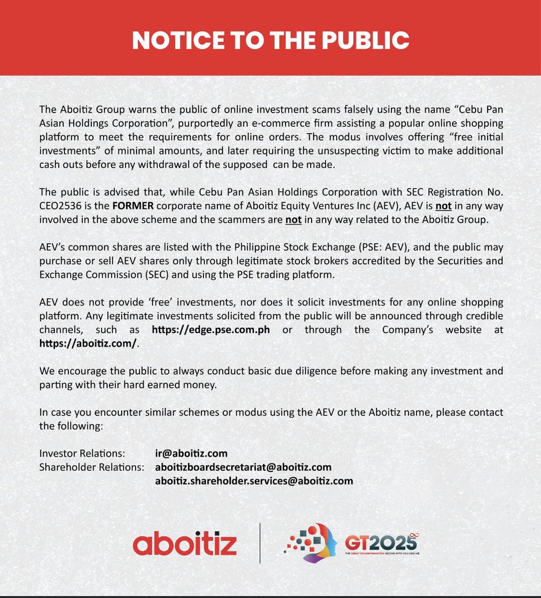 djstaana's tweet photo. The Aboitiz Group warns of online investment scam using the name "Cebu Pan Asian Holdings Corporation." https://t.co/xt0gtDHi1v