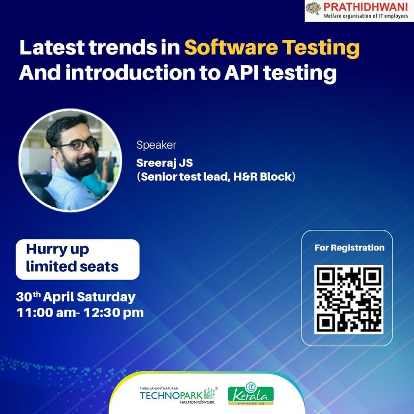 prathidhwani_te's tweet photo. Latest Trends in Software Testing and Introduction to API Testing - Presented by Sreeraj J S, Senior Test Lead, H&amp;R Block. Register here: https://t.co/TRlO0HrHye

#Prathidhwani
#Softwaretesting
#APItesting https://t.co/RU2MKzM3CY