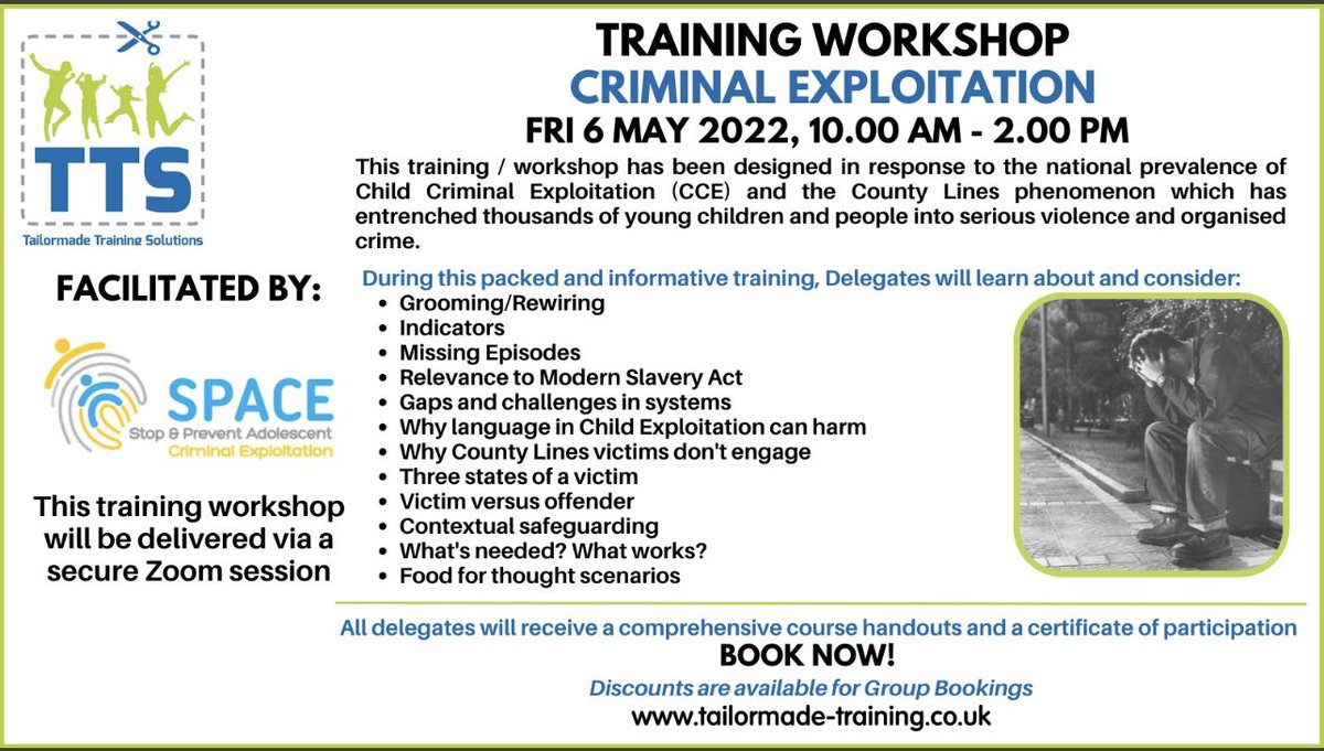 Are you a frontline professional who wants to learn more about #CriminalExploitation? #grooming #missing #victims #indicators #trafficking #HarshReality #ModernDaySlavery #debt @CharityComms 

Join our virtual session  facilitated by @bespaceaware 6th May tailormade-training.co.uk/our-courses/