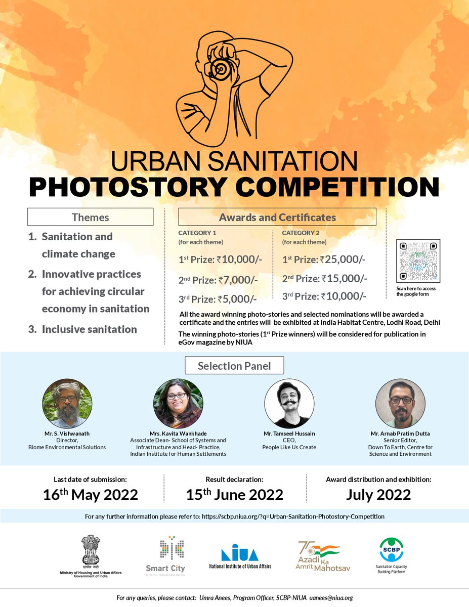 NIUA_India's tweet image. The Sanitation &amp;amp; Capacity Building Programme (#SCBP) of @NIUA_India under the aegis of @MoHUA_India invite young students to showcase their potential through an exciting 'photo-story competition' on #urban sanitation in India.
Last date to submit- 16 May 2022
