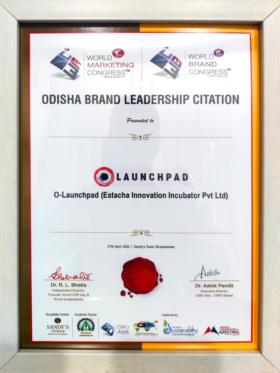 LaunchpadO's tweet photo. O-Launchpad achieves the prestigious ‘Odisha Brand Leadership Citation’ award at the World Marketing Congress 2022, held on 27th April 2022 at Sandy's Tower, Bhubaneswar. #Olaunchpad #Odishabrandleadership2022 #Worldmarketingcongress #Bhubaneswar https://t.co/J7zW3Rgh3Z