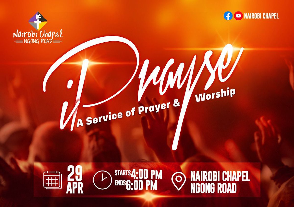 NairobiChapel's tweet photo. As we come to an end to the Prayer and Fasting week, join us today evening from 4:00pm-6:00pm for a service of prayer and worship. Kindly do note the change in the timings even as we plan to attend both physically and virtually.
#iPraise https://t.co/Q41AzUlAgl