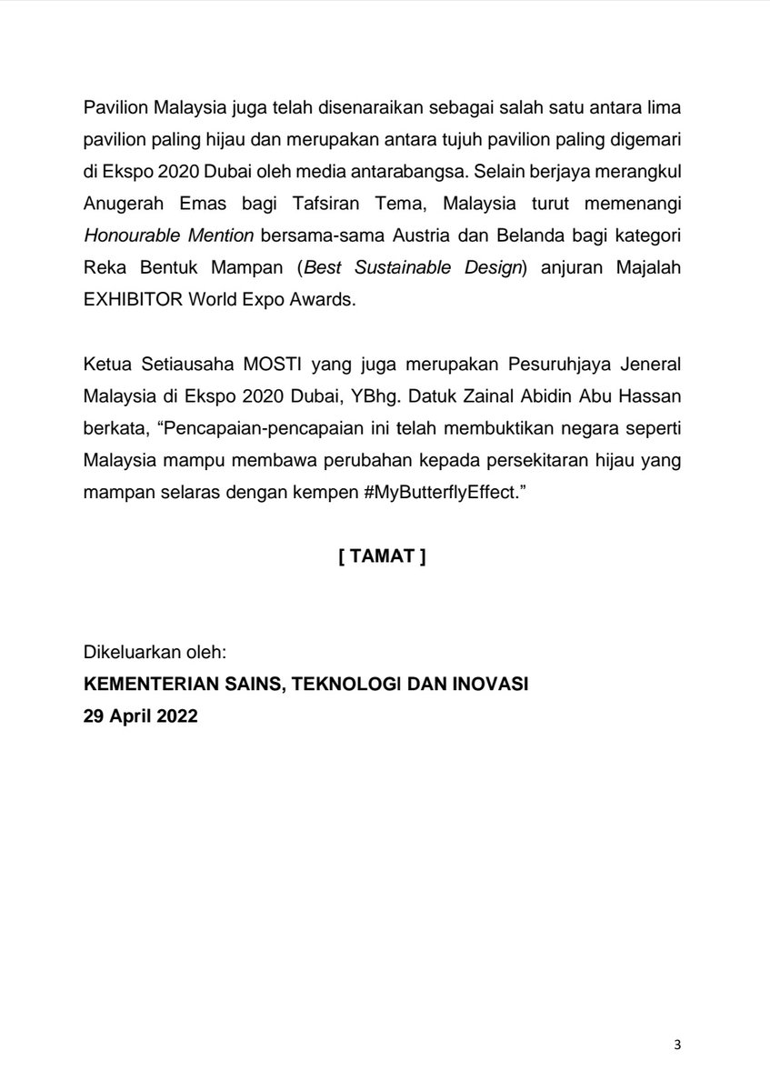 SIARAN MEDIA 
KEMENTERIAN SAINS, TEKNOLOGI DAN INOVASI .
 
Malaysia berjaya melepasi kesemua sasaran bagi penyertaan di Ekspo 2020 Dubai.

Seterusnya:m.facebook.com/story.php?stor…

#MerakyatkanSains
#MenginsankanTeknologi
#STIpemacuekonomi