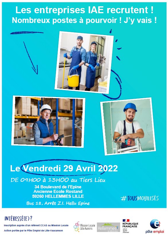 #RecrutementIAE
📢  Ce matin, belle synergie Équipe Emploi Lille-Vaucanson, Maison de l'emploi de Lille, CCAS et Mission Locale d'Hellemmes, en faveur de l'#Inclusion 💪
1️⃣7️⃣ entreprises proposeront plus d'une centaine de postes !
<a href="/thorel_karine/">Karine Thorel</a> 
<a href="/SeverineDelong/">Delong Severine</a> 
<a href="/MSavary_PE/">Murielle Savary</a>