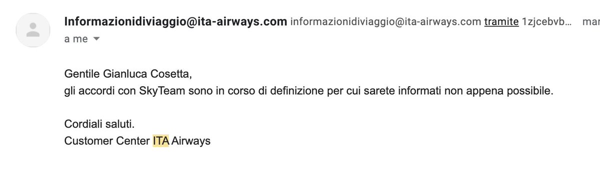 GianlucaCosetta's tweet photo. @ITAAirways Complimenti nuovamente. Sul sito presentate i vostri partner @skyteam come DeltaAirlines, poi richiedo l'accreditamento delle miglia di un biglietto iTA e la risposta in allegato...Mi prendete in giro? Intanto perdo miglia sopra miglia. GRAZIE sempre. https://t.co/FT32CcNAA1