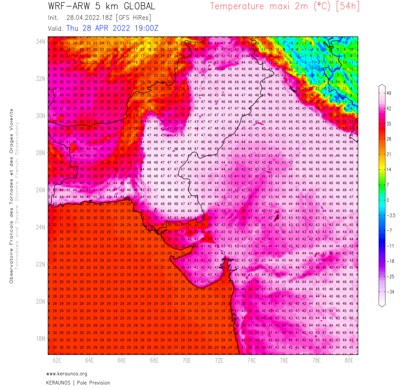 L'épisode de chaleur extrême se poursuit au #Pakistan et en #Inde ces prochains jours avec des valeurs proches de 48/49°C attendues ces prochaines 36h.
La série de températures extrêmes est remarquable (plus que l'intensité en valeur absolue). 