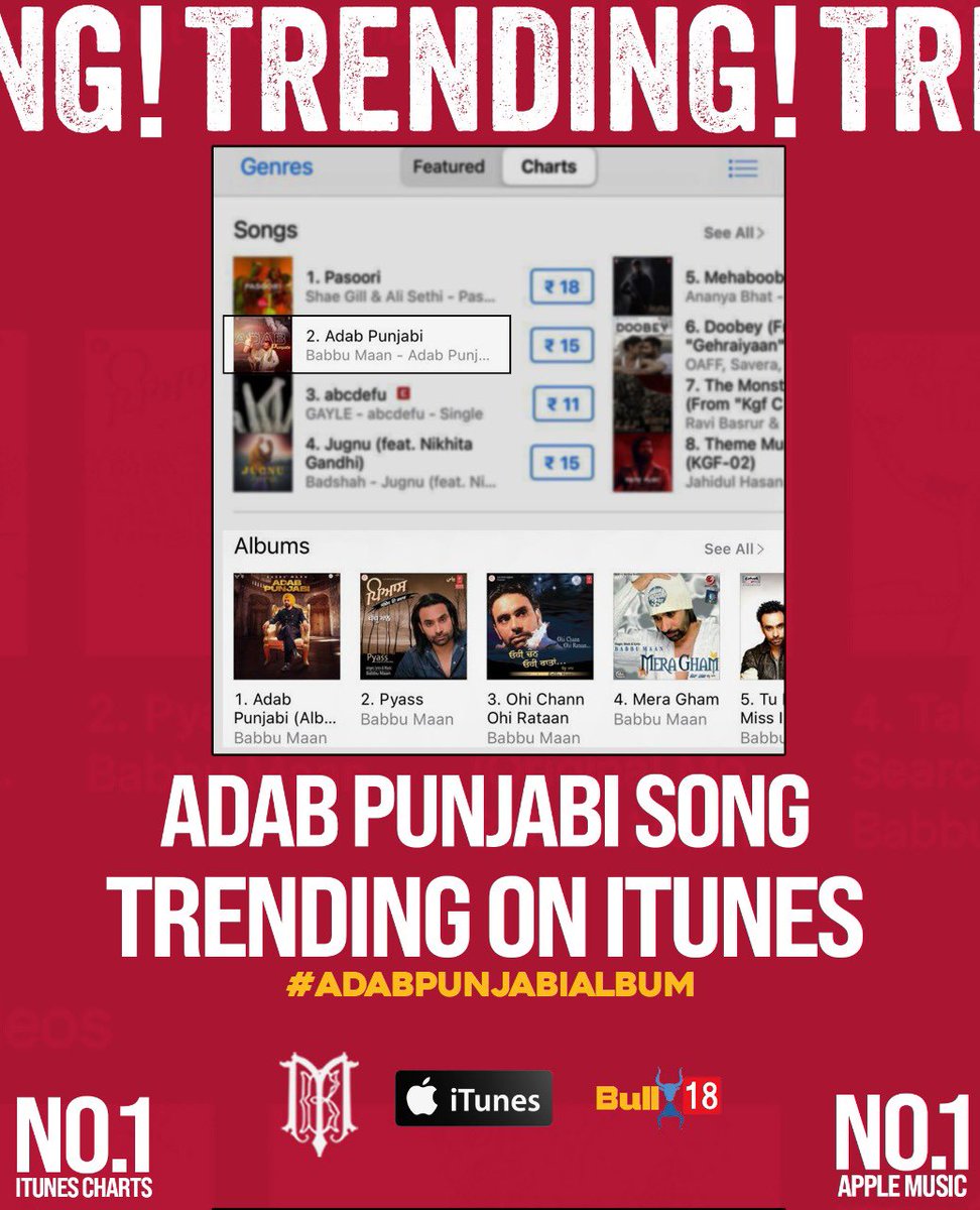#AdabPunjabi @BabbuMaan bhaji Trending on iTunes music charts Thanks for your love and response 🙏🙏