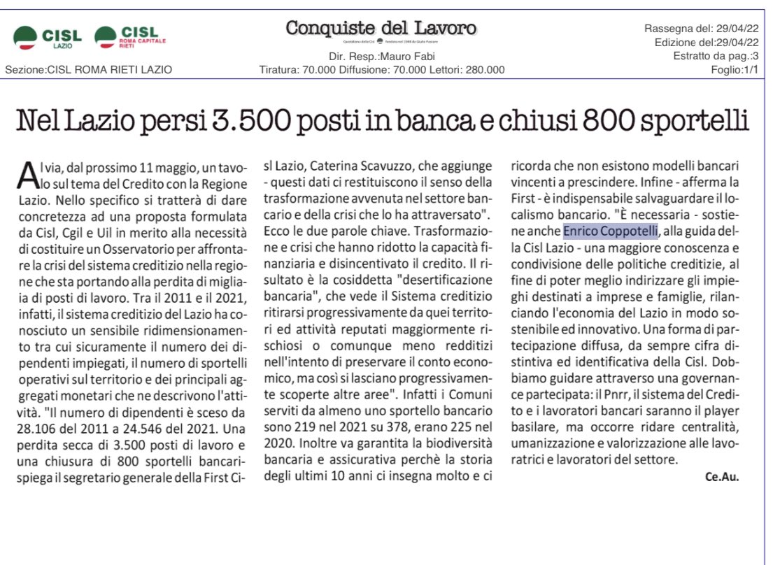 Cisl_Lazio's tweet photo. Rassegna #29aprile Coppotelli:La partecipazione diffusa è da sempre cifra distintiva ed identificativa della Cisl. #GOVERNANCEPARTECIPATA #PNRR, il sistema del Credito player basilare nel #Lazio ma occorre ridare centralità e valorizzazione alle Lavoratrici e Lavoratori settore. https://t.co/7IW8QXXWoU