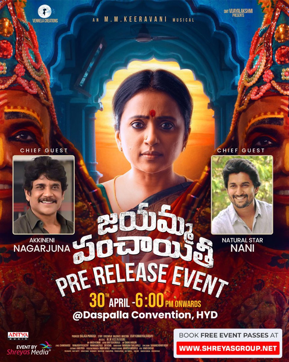 cinediary's tweet photo. Get ready for the Grand Pre release event of #JayammaPanchayathi.
Chief guests King @iamnagarjuna &amp; Natural 🌟 @NameisNani 
📍Daspalla convention 
⏰Tomorrow 6PM onwards

#JayammaPanchayathiOnMay6th
@ItsSumaKanakala @VijayKalivarapu @vennelacreation @adityamusic @shreyasgroup https://t.co/bUbIXiSD87