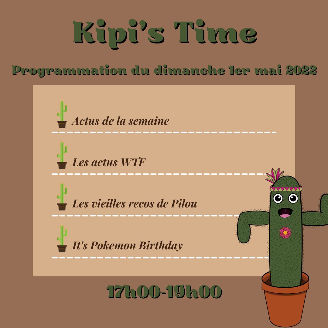 KipiTime's tweet photo. Le 1er mai on s'offre du muguet, nous, on vous offre un cactus 🌵😂

Au programme, actus, délires, jeux et POKÉMON !! 🤩

Rendez-vous sur Twitch : https://t.co/grll7FRNjS 

#twitchfr #streamfr #Pokemon #chill #TwitchStreamers #twitchtv https://t.co/FQeaCbNT5t