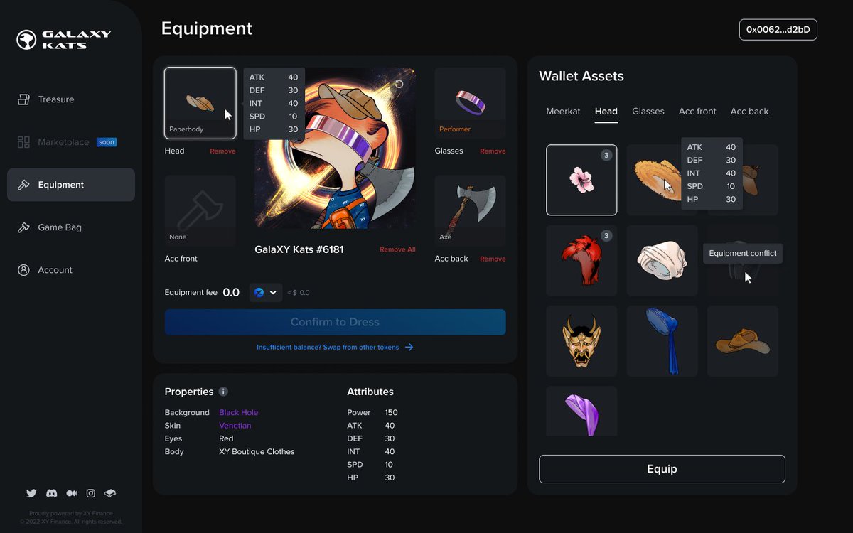A lil #sneakpeek of our equipment changing interface  😉 

🔥 Enter the game as your #NFTs
🔥 Mint your in-game equipment into #NFTs and trade
🔥 Change equipment to change #DeFi &amp; #GameFi utilities
🔥 Update the appearance on <a href="/OpenSea/">OpenSea</a> after you change your equipment