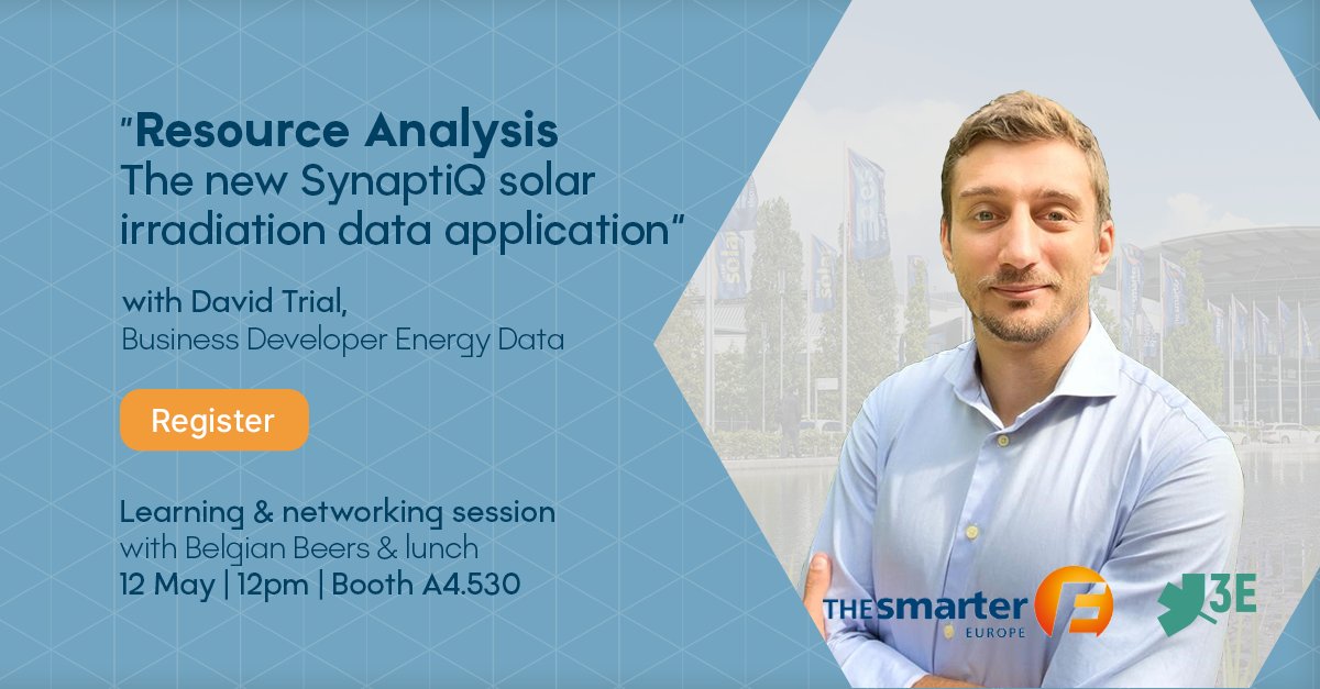 3E_renewables's tweet photo. 🇩🇪 🇪🇺 Frustrated with the limits on TMY or historical time-series requests? Get rid of that hassle and join us for our networking lunch at #TheSmarterE to learn more about our new Resource Analysis app! 
👉 Registration: https://t.co/rJn1soxftl https://t.co/QtmvTXfs7N