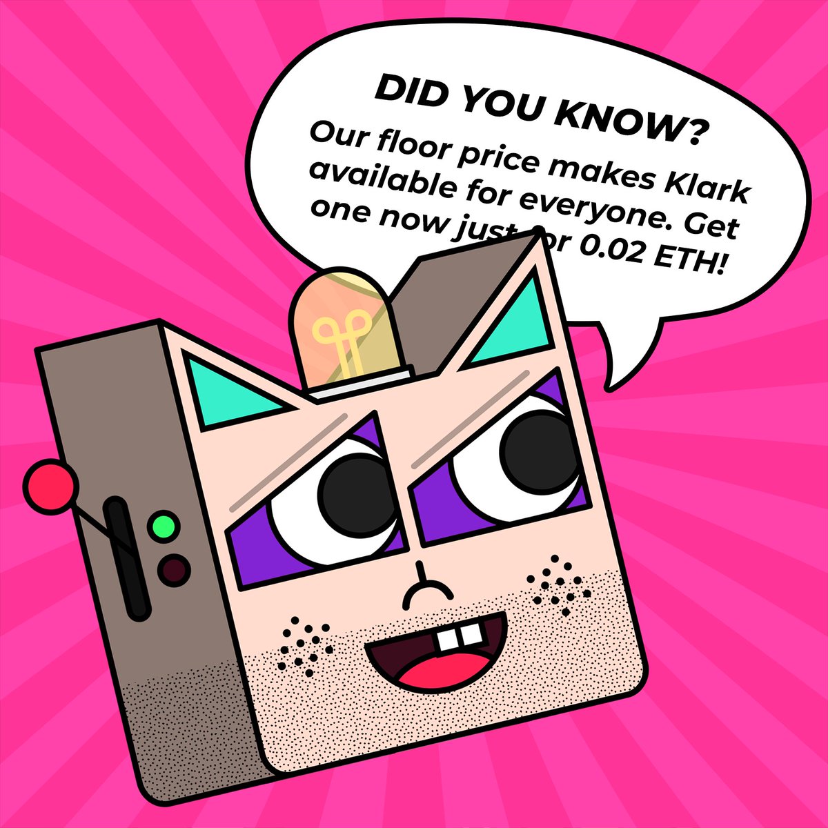 KlarkMeta's tweet photo. Yeah, that's it! Get one yourself now via link in bio. And dont' forget, we have a special physical surprise for first 100 buyers.

#klark #nft #nftart #metaverse #collectibles #illustration #nftcommunity #nftcollector #nfts #nftdrop  #community #minting #opensea #nftforsale https://t.co/HW2bsBpP8X