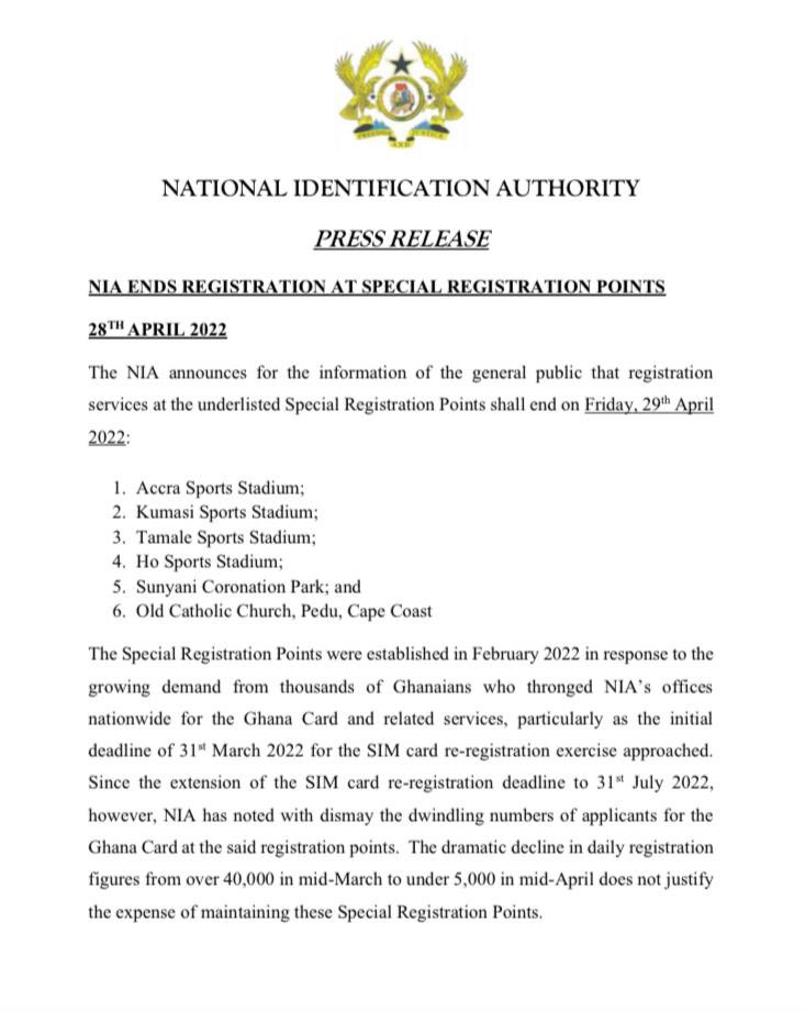 NIAOnlineGh's tweet photo. NIA ENDS REGISTRATION AT SPECIAL REGISTRATION POINTS https://t.co/AVGZz3knuJ