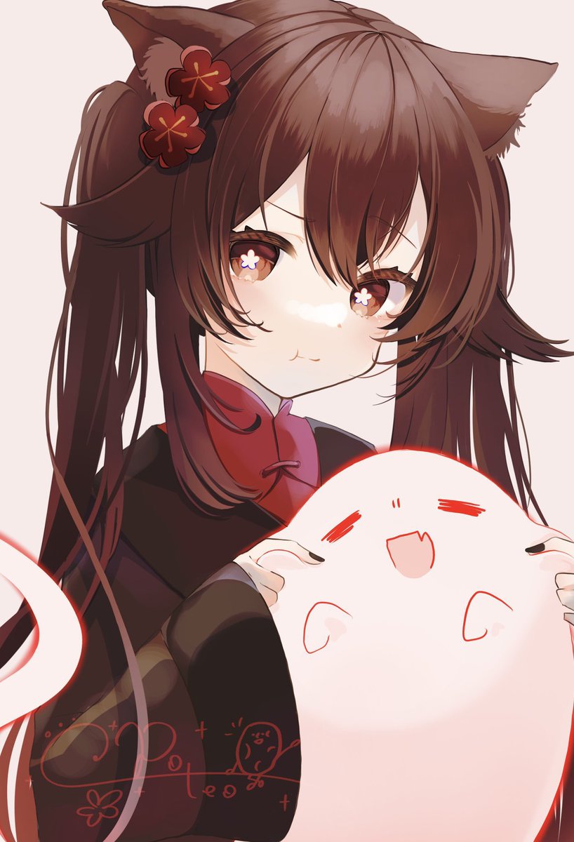 hu tao (genshin impact) 1girl animal ears brown hair ghost cat ears twintails symbol-shaped pupils  illustration images