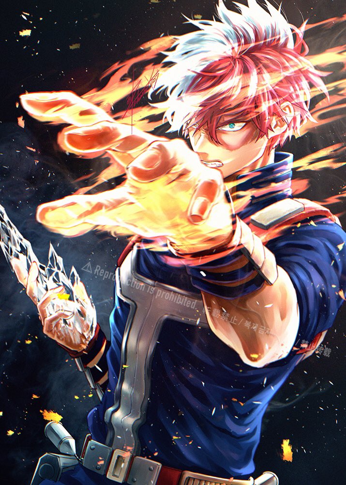 todoroki shouto burn scar 1boy male focus red hair scar fire white hair  illustration images