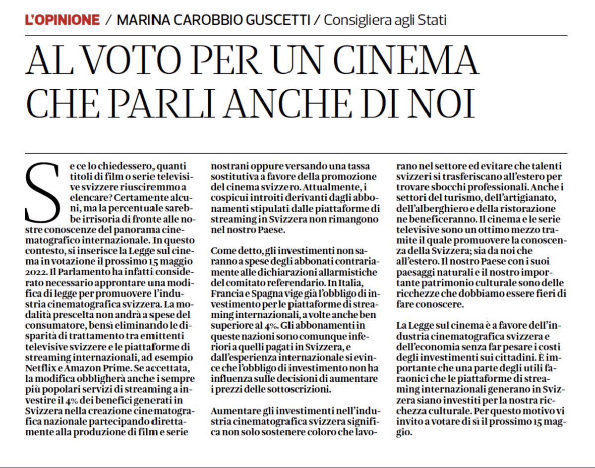 La Consigliera agli Stati ticinese Marina Carobbio, (<a href="/partsoc/">Partito Socialista</a>) a sostenuto la causa della #Leggecinema in un articolo per <a href="/CdT_Online/">Corriere del Ticino</a>, spiegandone i benefici.

bit.ly/3EzQ49r 

<a href="/marinacarobbio/">Marina Carobbio</a> #sileggecinema #CHvote #Abst22 #LexNetflix