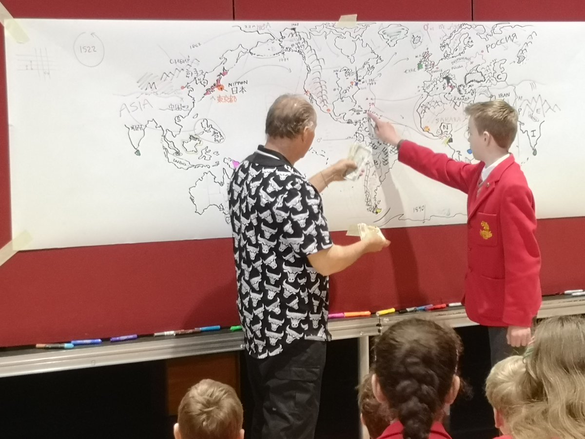 WestbrookHaySch's tweet photo. This week we welcomed Neal Nichols Jr, the creator and host of The Geography Gameshow, all the way from Cape Cod, Massachusetts. A self-taught artist Neal drew, freehand, a map of the world and then asked the children questions, testing their knowledge. #reflectivelearner https://t.co/2TZfNBg5Hu
