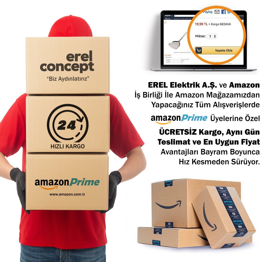erelconcept's tweet photo. EREL Elektrik A.Ş. ve AMAZON İş Birliği İle Amazon Mağazamızdan Yapacağınız Tüm Alışverişlerde Amazon PRIME Üyelerine Özel ÜCRETSİZ Kargo, Aynı Gün Teslimat ve En Uygun Fiyat Avantajları Bayram Boyunca Hız Kesmeden Sürüyor. #amazonturkiye #erelelektrik #erelconcept #indirim https://t.co/mxvovnHZqv
