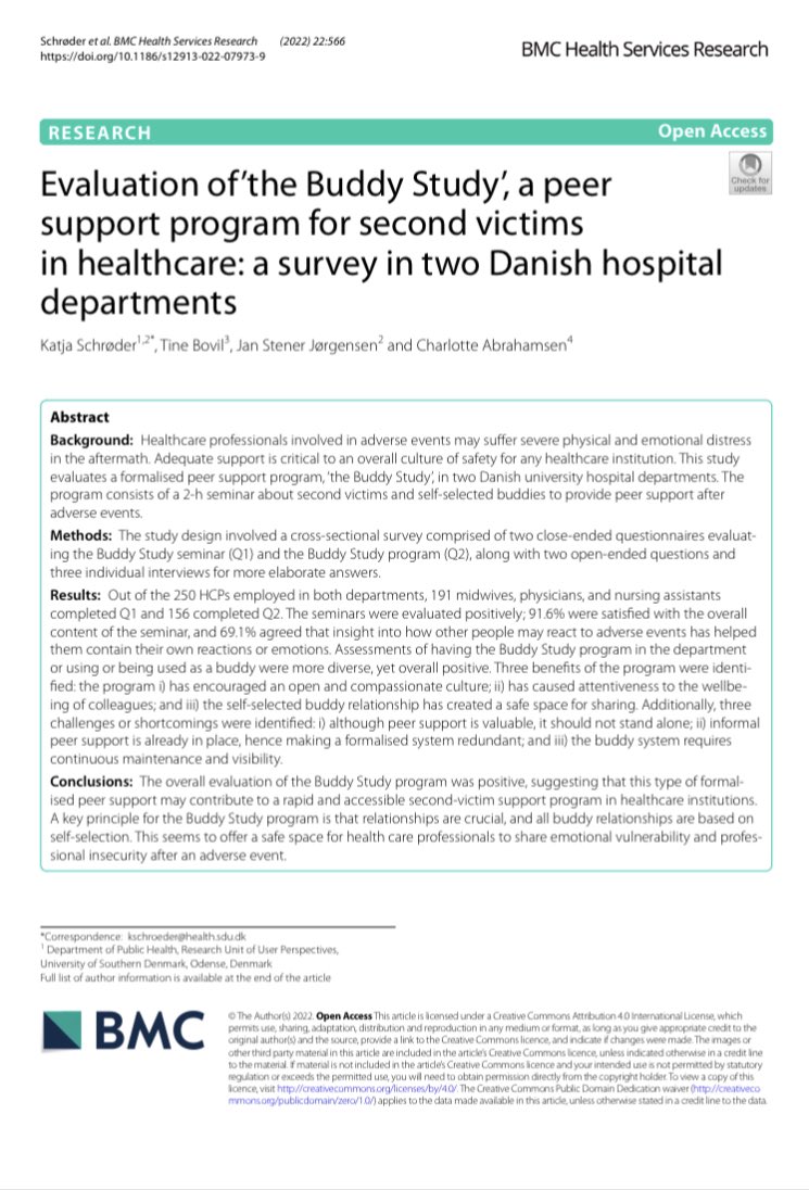 Our evaluation of The Buddy Study is out <a href="/HSRatBMC/">Health Services Research at BMC</a> #peersupport for #secondvictims doi.org/10.1186/s12913…
<a href="/community_user/">User Perspectives & Community-based Interventions</a> <a href="/ERNST_CA19113/">ERNST</a> <a href="/cha_abrahamsen/">Charlotte Abrahamsen</a> #patientsafety