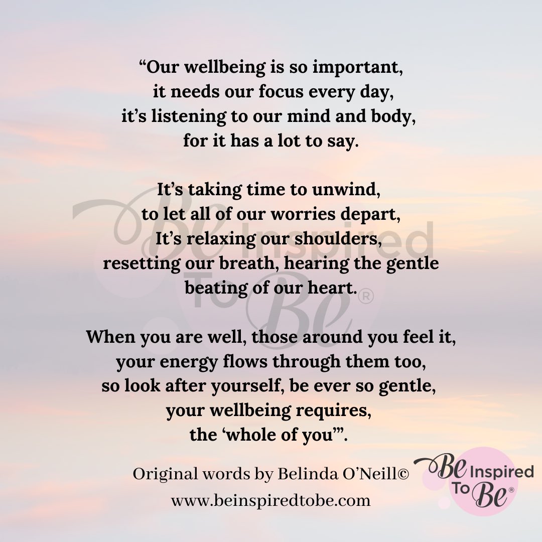 National Workplace Wellbeing Day 

Our wellbeing is so important, today recognises it’s importance in the workplace

Take time to self check today, relax those shoulders & connect with your breath

Gently does it

Belinda 

beinspiredtobe.com

#nationalworkplacewellbeingday