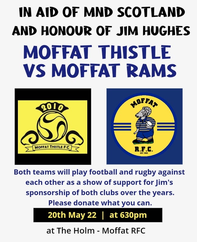 Moffat RFC in conjunction with Moffat Thistle 2010 would like to invite you to an entertaining charity fundraiser with a difference. 
If you would like to help, support, sponsor or donate please contact Ashleigh on 07717 211961. 
Thank you 🔵🟡⚫️⚽️🏉
#TeamJimbo <a href="/MNDScotland/">MND Scotland</a>