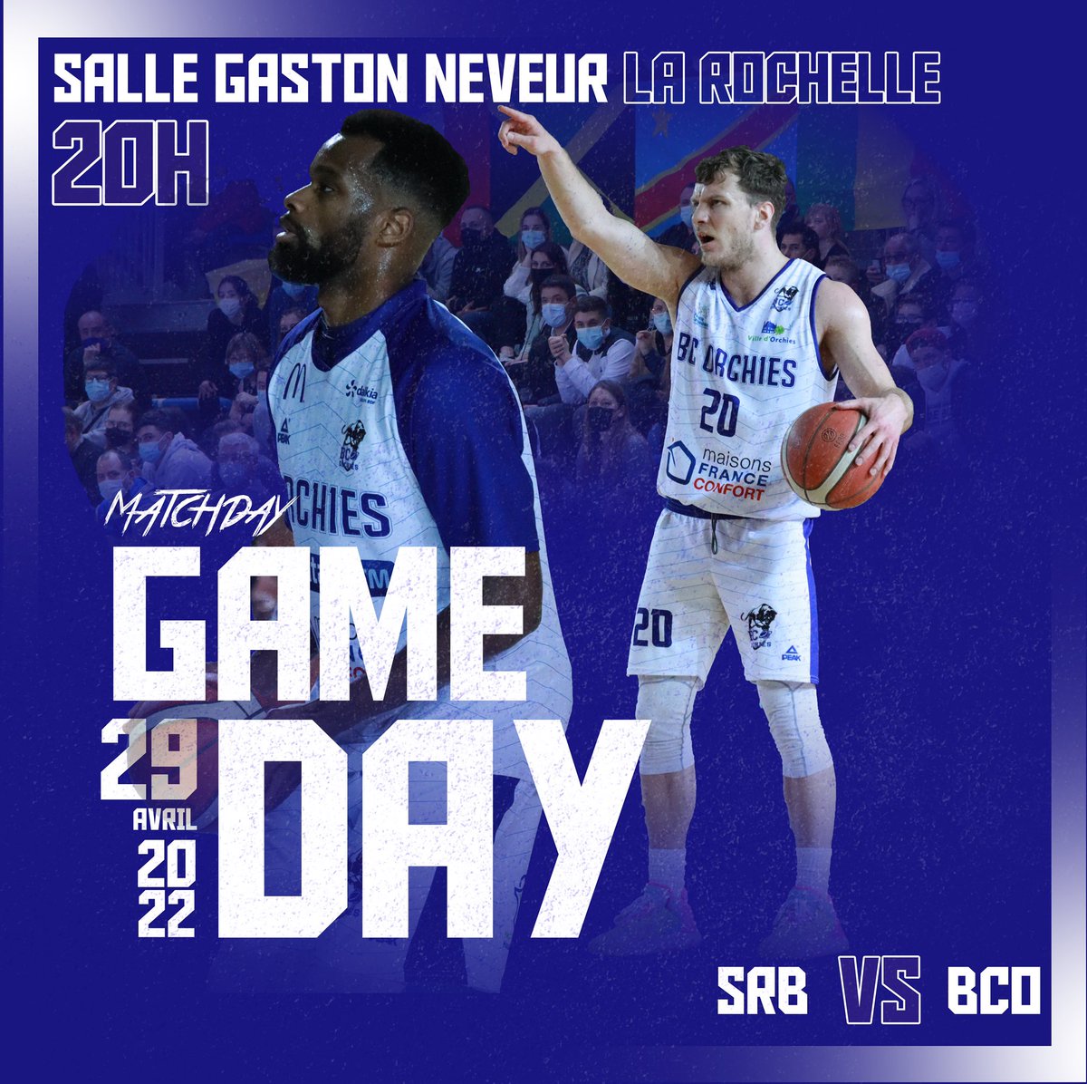 🏀 GAME DAY 🏀 

🏆 #NM1 <a href="/ffbasketball/">Fédération Française de BasketBall</a> 
➡️ 1/8ème retour de Playoffs
📍 La Rochelle
🆚 <a href="/SR_Rupella/">Stade Rochelais Basket</a> 
🏟 Salle Gaston Neveur 
 ⏰20h00
 📲#SRB
🖥 ❌
📊 …livestats.dcd.shared.geniussports.com/u/FFBB/2085791/

#Orchiescestàvous #GOBCO #NousSommesOrchésiens 🔵⚪️