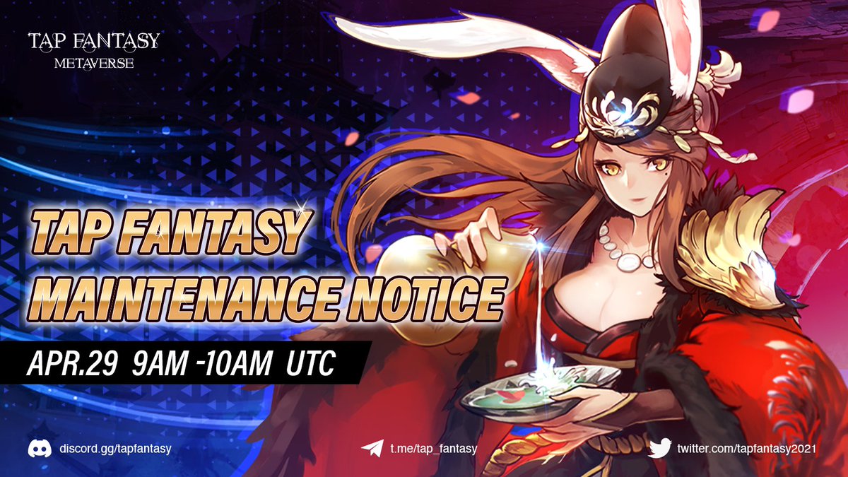 Tapfantasy2025's tweet photo. 📌Maintenance Notice📌

A scheduled Maintenance🛠 will start from 9:00 AM  to 10:00 AM UTC time on April 29th⏰. 

Setting of players displayed added in WB👾 fight and now💎is used in "Trade" for some platforms.

Please contact us if any problem.#Tapfantasy https://t.co/MqexTaIt9s