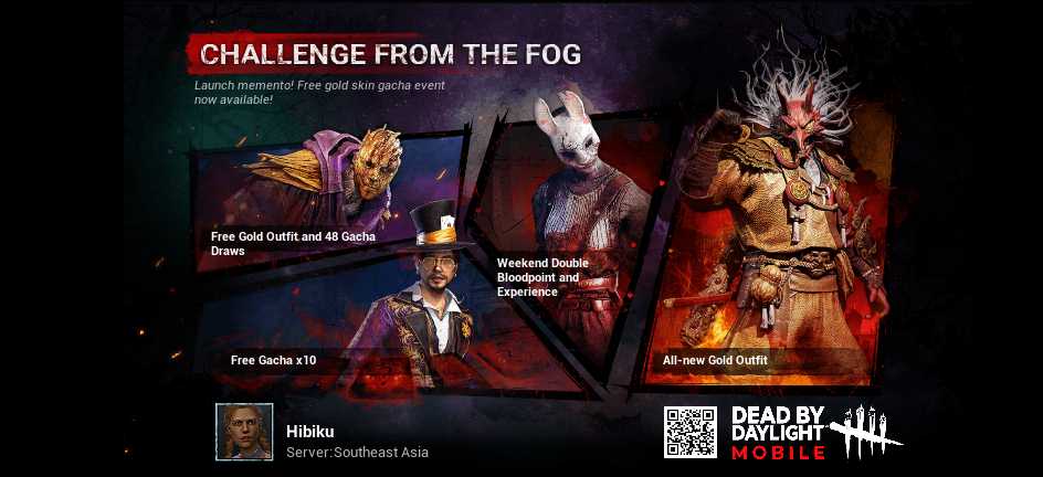 EvandyAndika's tweet photo. The hit title Dead by Daylight Mobile has finally launched! Free gold skin gacha now available! Download NOW! https://t.co/2haT1jfD90