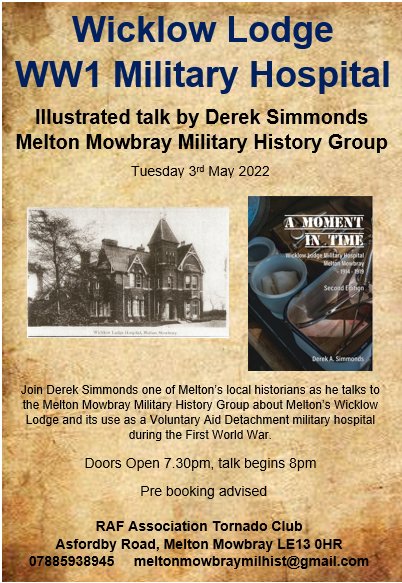 HistoryFare π (@farebrian) on Twitter photo Join us this coming Tuesday 3rd May @ 8pm to find out all about the history of Wicklow Lodge and its role as a military hospital during WW1.
@MeltonMilHist welcome you all to our free monthly meetings at <a href="/RAFAMelton/">RAFA Melton Mowbray</a> Join us this coming Tuesday 3rd May @ 8pm to find out all about the history of Wicklow Lodge and its role as a military hospital during WW1.
@MeltonMilHist welcome you all to our free monthly meetings at <a href="/RAFAMelton/">RAFA Melton Mowbray</a>