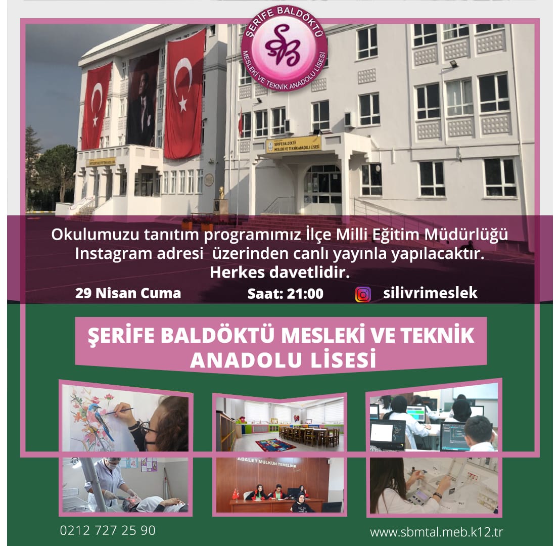 📣 Silivri Meslek Liseleri Tanıtım Günleri bu akşam Şerife Baldöktü MTAL ile devam ediyor.

8. Sınıf öğrencilerimizi ve velilerimizi bekliyoruz.
⏰ 21.00
🎥 Instagram“<a href="/silivrimeslek/">Silivri Meslek Liseleri</a>”

<a href="/tcmeb/">Millî Eğitim Bakanlığı</a> <a href="/istanbulilmem/">İstanbul İl Millî Eğitim Müdürlüğü</a>
<a href="/memleventyazici/">Levent Yazıcı</a> <a href="/memsilivri/">Silivri İlçe Millî Eğitim Müdürlüğü</a>
<a href="/ArtarZeki/">Zekeriya Artar</a>