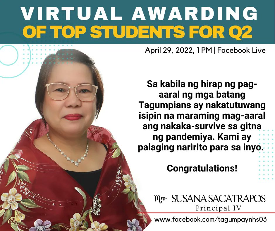 TagumpayNHS03's tweet photo. Sa kabila ng hirap ng pag-aaral ng mga batang Tagumpians ay nakatutuwang isipin na maraming mag-aaral ang nakaka-survive sa gitna ng pandemiya. Kami ay palaging narito para sa inyo. Congratulations!

Mrs. Susana J. Sacatrapos https://t.co/1Hz67rMmD7