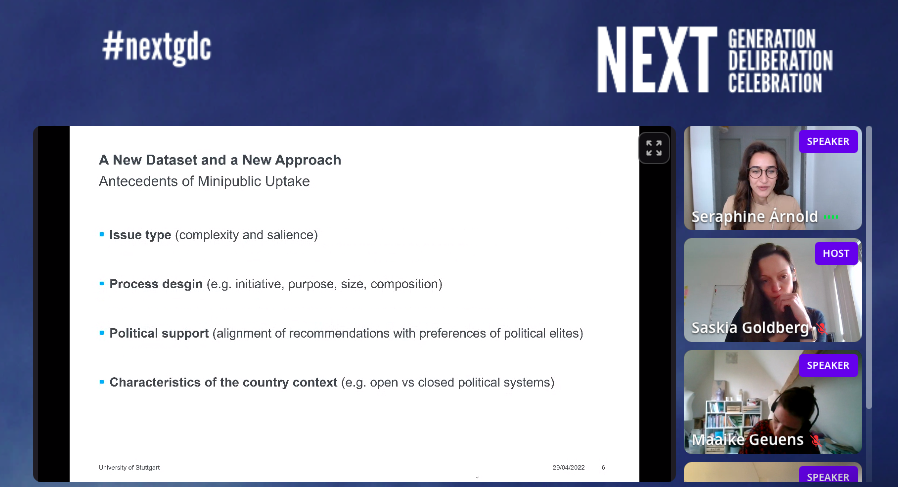 demoinno's tweet photo. @SeraphineArnold has kicked off Panel F by explaining how she is gathering and going through the information she gathered on deliberative minipublics. She is mostly focusing on #technocracy and #democracy as pathways. #NextGDC https://t.co/kfvBBOSQWk