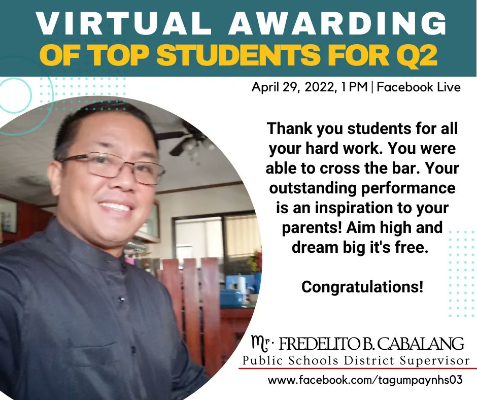 TagumpayNHS03's tweet photo. Thank you students for all your hard work. You were able to cross the bar. Your outstanding performance is an inspiration to your parents! Aim high and dream big it's free. Congratulations!

Mr. Fredelito B. Cabalang, Public Schools District Supervisor (Rodriguez Sub-Office) https://t.co/vXmbF6jTgx