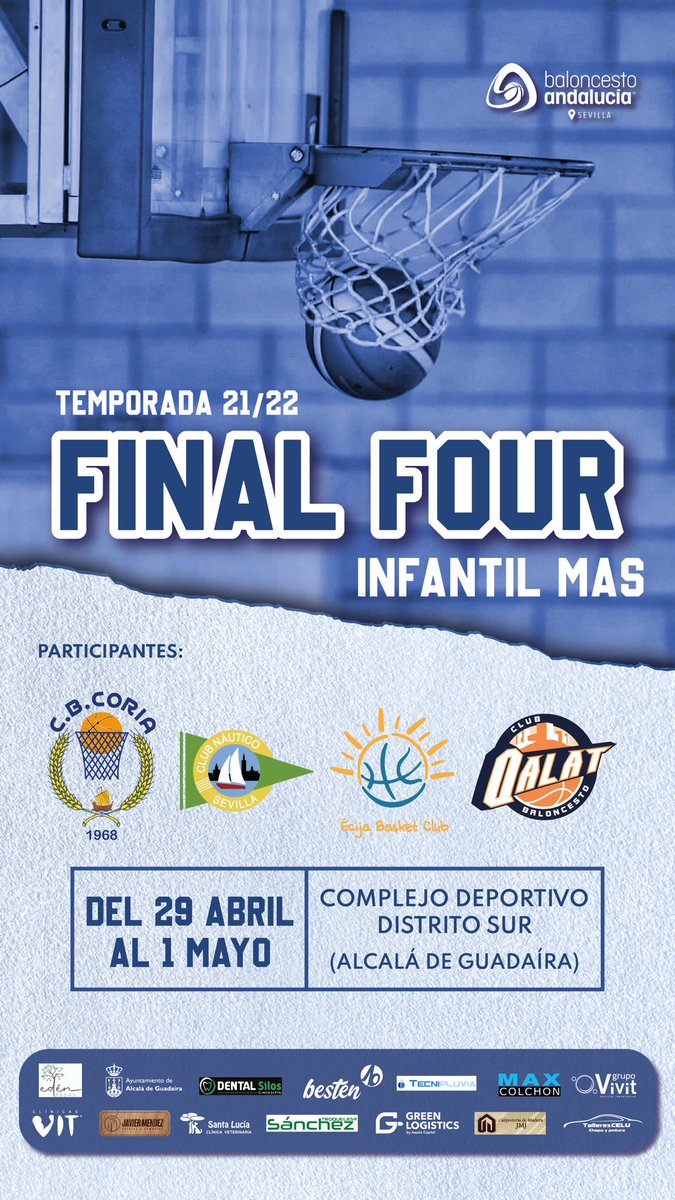 📣 #FINALFOURINFANTILMAS | Arranca la F4 Infantil Masculina en Distrito Sur.

Fin de semana ilusionante para el Infantil 08, que hoy comienzan su lucha por una plaza para acudir al Cto. de Andalucía ante rivales de la talla de <a href="/BaloncestoCoria/">ClubBaloncestoCoria</a> <a href="/CNauticoSevilla/">Club Náutico Sevilla</a> y <a href="/EcijaBasketClub/">Écija Basket Club</a>.