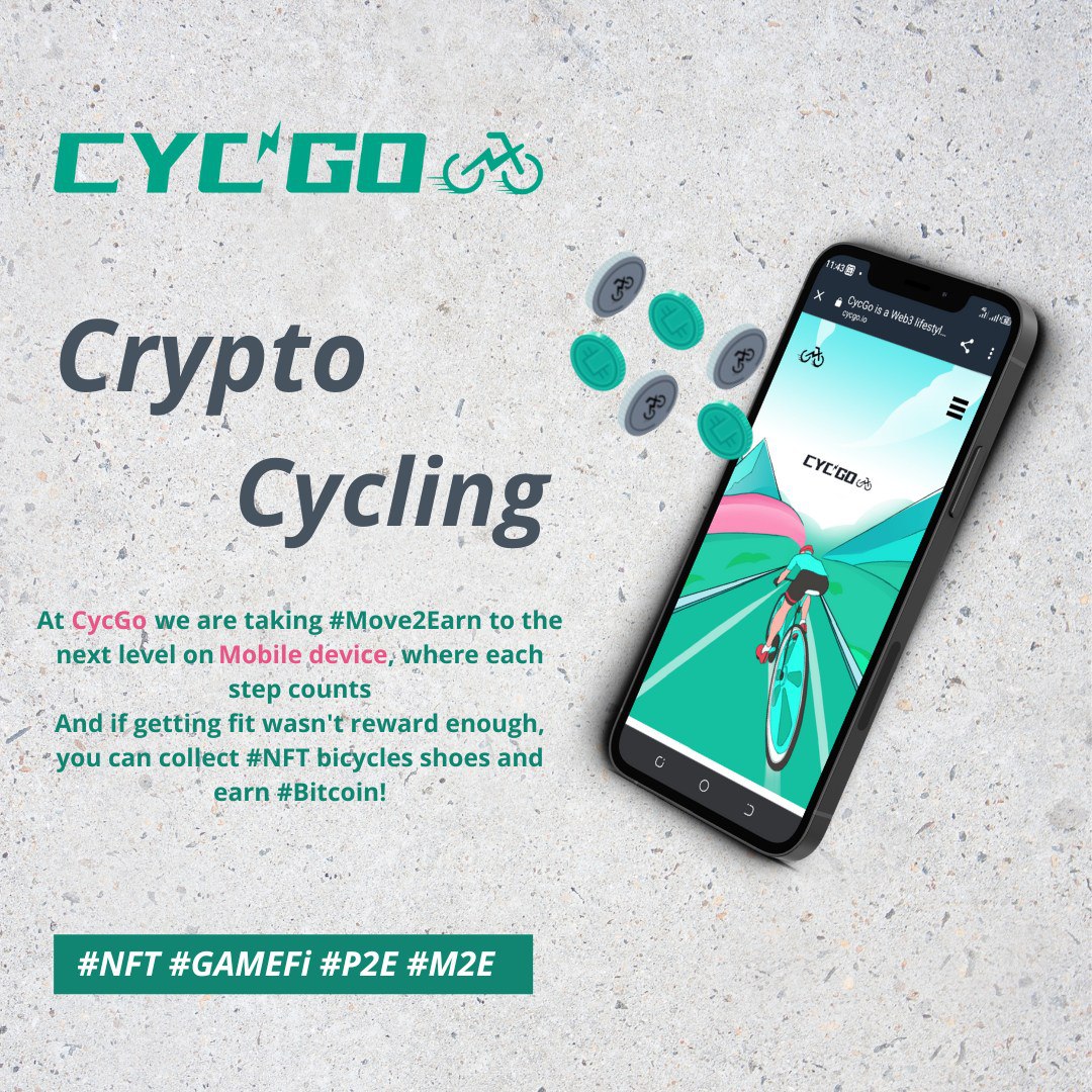 CycGo_M2E's tweet photo. At Cycgo we are taking #Move2Earn to the next level on mobile devices, where each step counts😎🏅
And if getting fit wasn't reward enough, you can collect #NFT bicycles🚴‍♀️🚴🚴‍♂️and earn #Bitcoin! https://t.co/eX8KgM82Vo