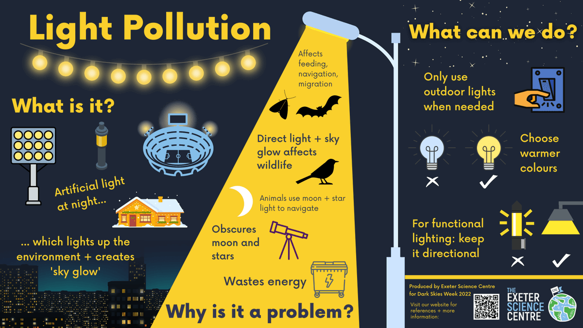 ExeSciCentre's tweet photo. Happy Dark Skies Week #IDSW2022! 🤩

As we found out in our chat with @smorrell (here: https://t.co/repcrgl6P6), light pollution is a growing problem for people and wildlife.

But you can help! Check out and share our infographic 👇 more info: https://t.co/BWlXCvXokH

@IDADarkSky https://t.co/6imNnkAL6t