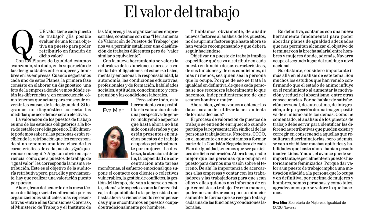 Eva Mier, secretaria de Mujeres e Igualdad de CCOO Navarra, explica hoy en <a href="/DiariodeNavarra/">Diario de Navarra</a> los avances que se están dando en los planes de igualdad gracias a una nueva herramienta para clasificar el valor de los puestos de trabajo 👇
