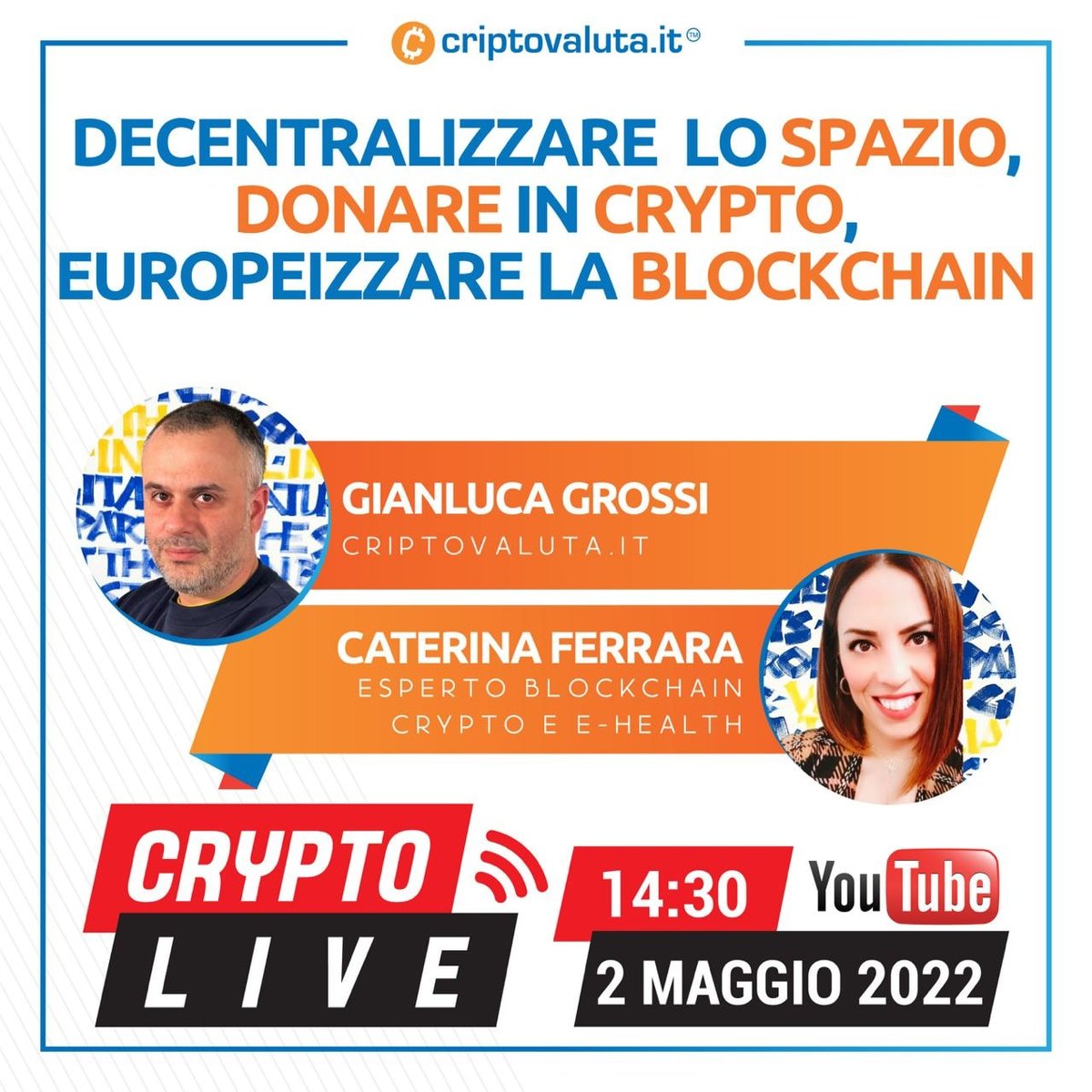KaterinaFerrara's tweet photo. 🗓 2 MAGGIO h 14.30, sono ospite di @CriptovalutaI
�� Discuterò di:
▶#Decentralizzazione &amp; #Spazio 🪐🛰
▶#Donazioni in #Criptovalute (racconterò di @Fondaz_Veronesi) 🎁
▶#Blockchain &amp; Europa🌍

👉link x seguire:https://t.co/iyOc1q5HiQ

#bitcoin #space #nasa #nfts https://t.co/FoIbzrA8p6
