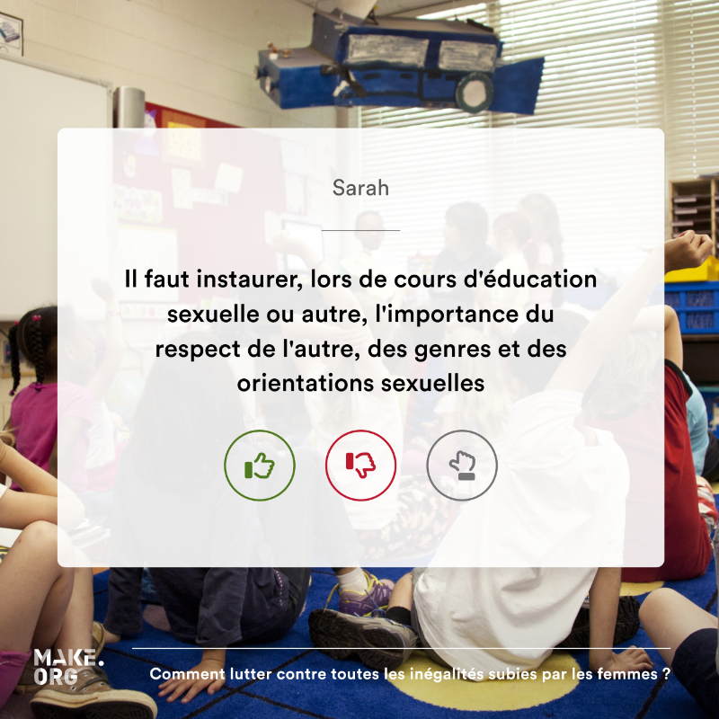 Make_org's tweet photo. 📢 Le 7 mars 2022, @Make_org a lancé avec ses partenaires, la Grande Cause #InégalitésFemmes 
🙋‍♀️🙋‍♂️ La parole est à vous ! Proposez vos solutions, réagissez aux propositions citoyennes, et agissez contre les inégalités subies par les femmes !▶︎ https://t.co/wVG5VZOEBe
