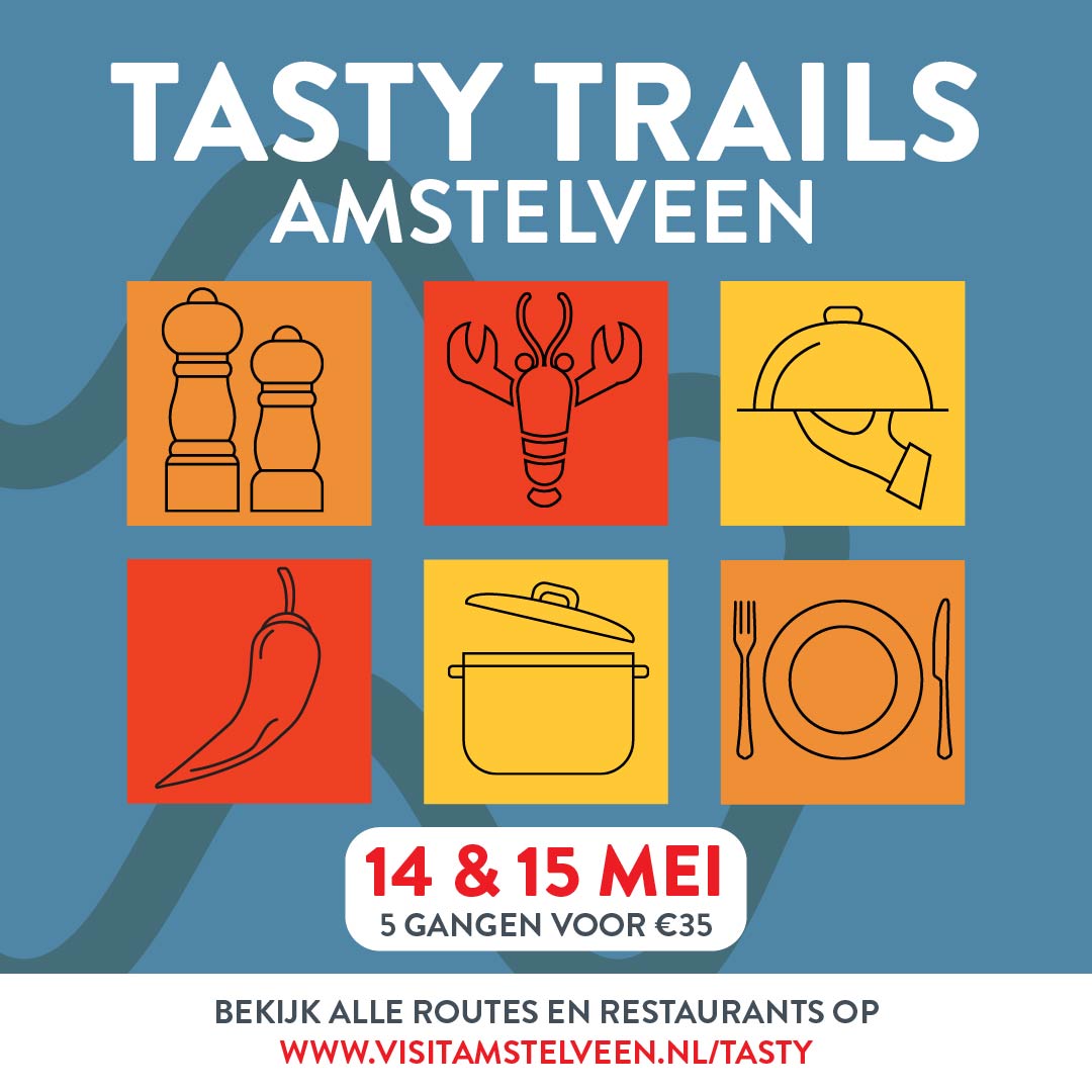 Tijdens #TastyTrailsAmstelveen geniet je van prachtige gerechten gemaakt in onze stad. De routes brengen je langs de geweldige restaurants en bars van Amstelveen!

Meer informatie en tickets zijn te verkrijgen via visitamstelveen.nl/tasty