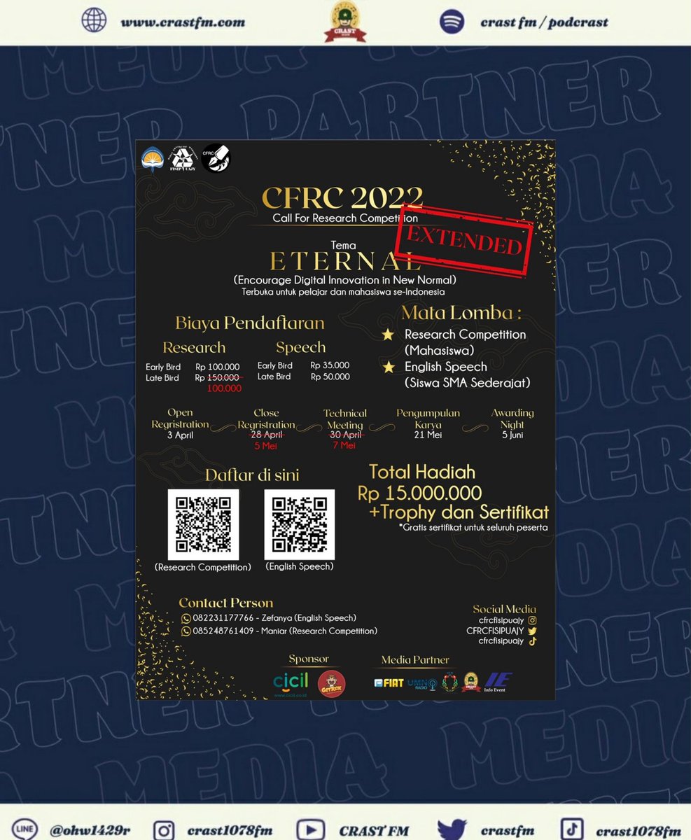 Halo, Tertarik lomba reseacrh dan speech competition? Yuk, join Call for Research Competition 🤩🔥

Informasi lebih lanjut, cek posternya ya! boleh hubungi contact person yang tertera. 
Yuk tuangkan ide-ide kreatif kalian dalam CFRC 2022. ✨