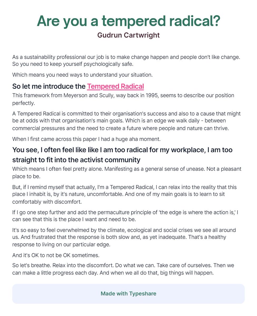 CGudrun's tweet photo. As a #changeagent I know I am a #temperedradical - living on the edge of what is and what needs to be. How about you? #climatecrisis #socialjustice #responsiblebusiness https://t.co/0d3UY72Mcc