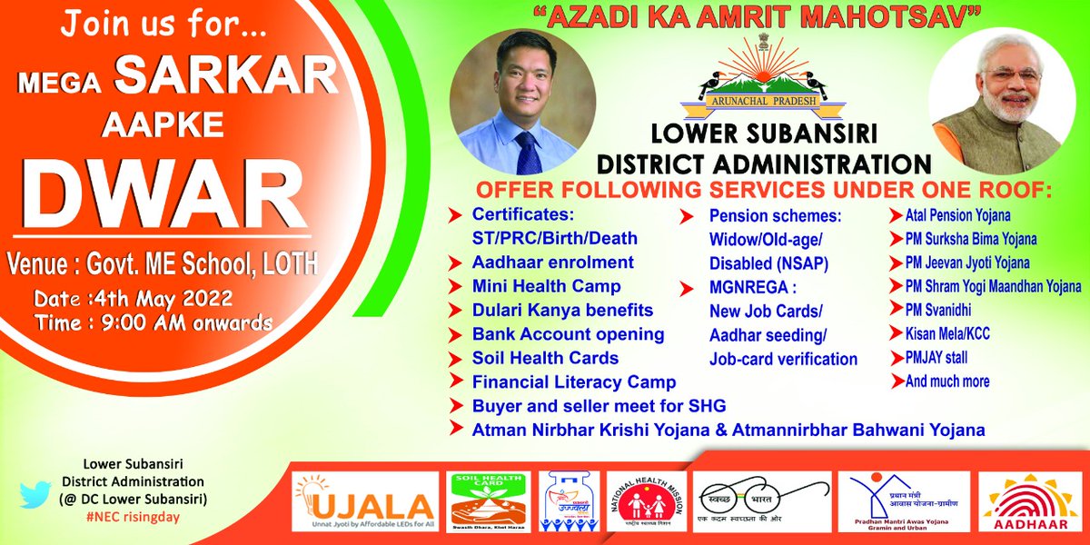 Lower_Subansiri's tweet photo. Mega Sarkar Apke Dwar pe to be held at Loth village on 4th May,2022. Join us and avail the services .
#NECrisingday @PemaKhanduBJP @PMOIndia https://t.co/DnNgBUyXsu