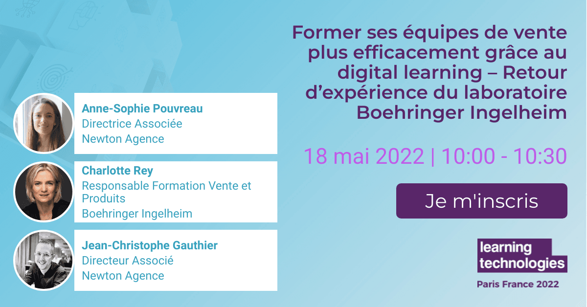 Retrouvez <a href="/NewtonAgence/">Newton Agence</a> au <a href="/LearnTechFR/">Learning Technologies France</a> le 18 et 19 mai prochain en tant que top sponsor.🚀
Charlotte Rey, responsable Formation Vente et produits chez Boehringer Ingelheim, nous fait l'honneur de se joindre à nous pour vous partager l'expérience d'une formation digital learning.
