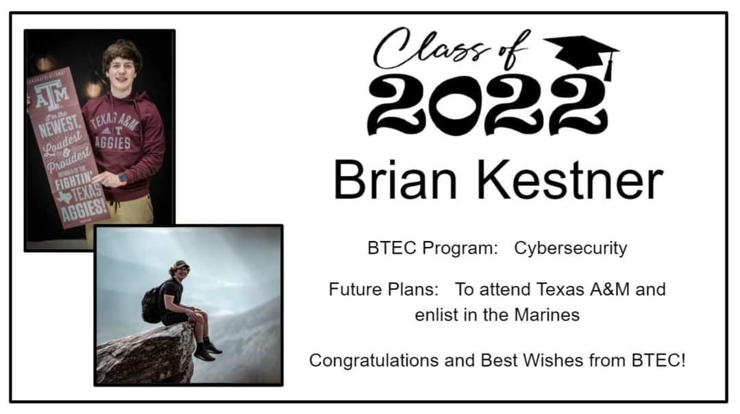 Congratulations BTEC Senior Brian Kestner, Class of 2022!  #ctebtec #seniors #classof2022 #bestwishes