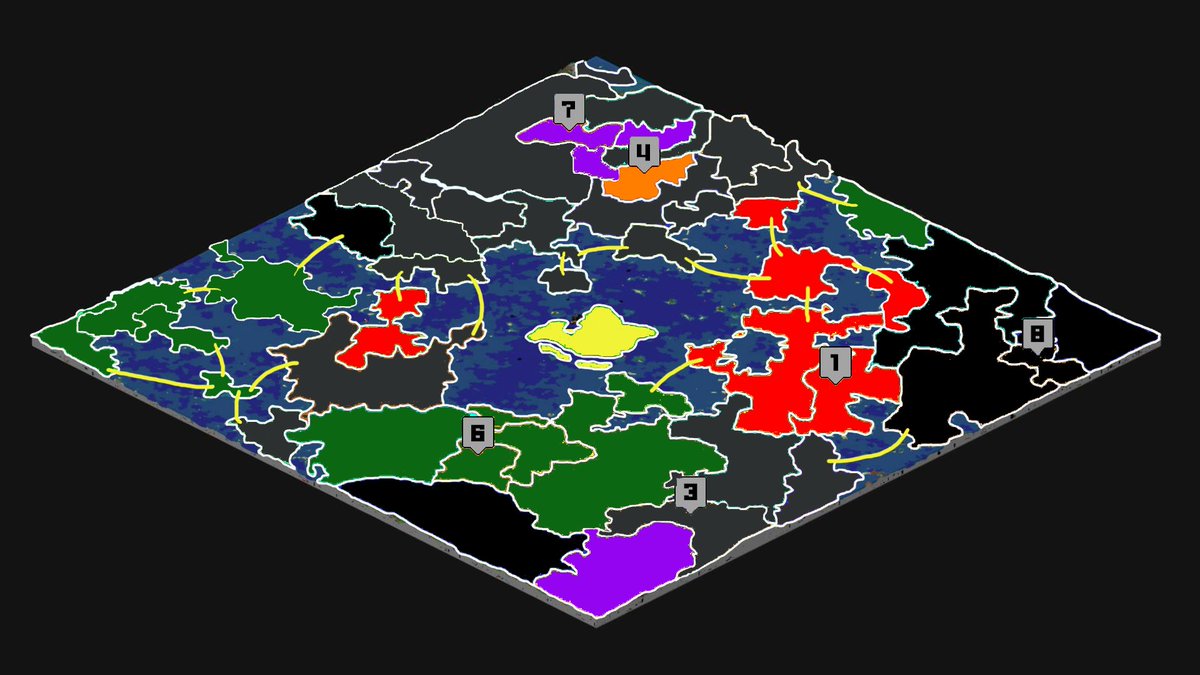 ProyectLucasOA's tweet photo. Así queda el mapa tras el día de conquista del jueves. 

El equipo 5 fue conquistado por el equipo 3, y este se quedó con todos sus territorios.

Lo del equipo 4 ya es más difícil de explicar...

Nos vemos este sábado en la apertura del Nether!! https://t.co/ESWcFNPpHx