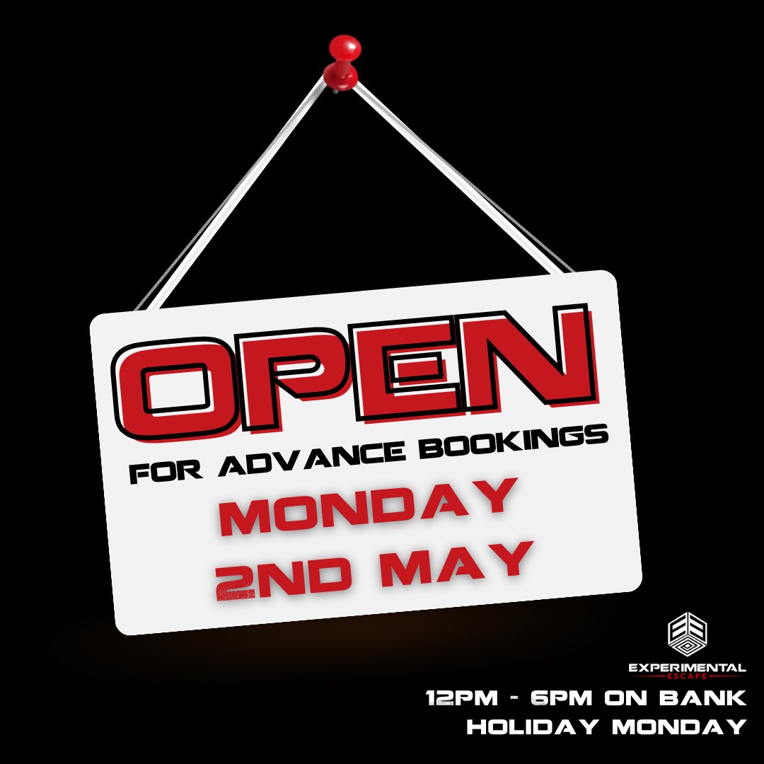 ExperimentalEsc's tweet image. WE&apos;RE OPEN ON BAND HOLIDAY MONDAY!!! Book now on our website experimental-escape.co.uk/games or by calling 01926 675432 :)