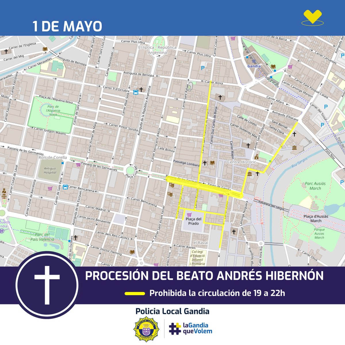 PLGandia's tweet photo. Esta vesprada, entre les 19 i les 22, restriccions al Centre Històric per la ✝️processó del Beato Andrés Hibernón
Esta tarde, entre las 19 y las 22, restricciones en el Centro Histórico por la ✝️procesión del Beato Andrés Hibernón
#PLG #trànsit #processons #beatoandréshibernón https://t.co/Mru68AsFGA